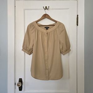 Lauren Ralph Lauren Cotton Broadcloth Puff-Sleeve Shirt – Size M - Tan